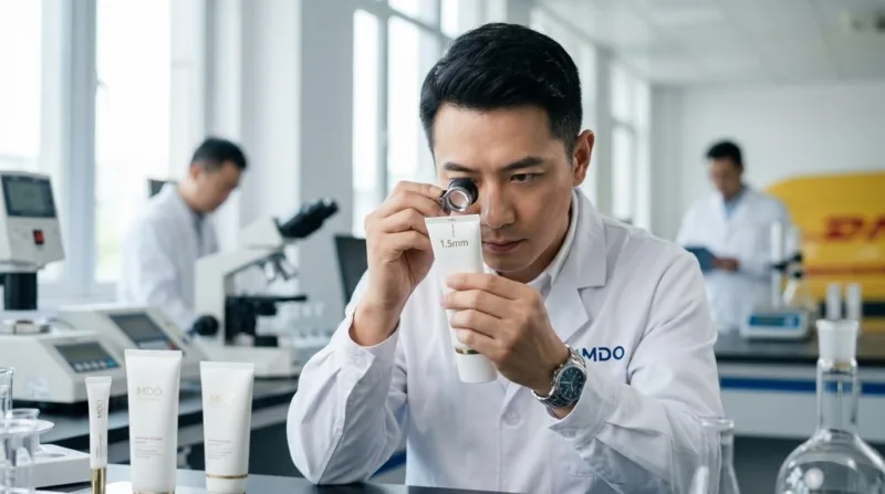 A Professional Technician Inspecting The Precision Alignment Of An Mdo Label Near The Crimp Line Of A Cosmetic Tube.