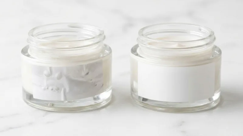 A Side By Side Comparison Of A Bubbly, Crooked Product Label Versus A Perfectly Applied Smooth Label On Premium Glass Cosmetic Jars.
