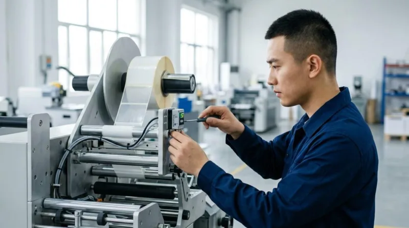 A Skilled Technician Adjusting A High Precision Label Sensor On An Automated Production Line.
