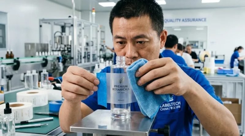 A Skilled Technician Demonstrating The Professional Hinge Method For Manual Label Application To Prevent Air Bubbles On A Product Bottle.