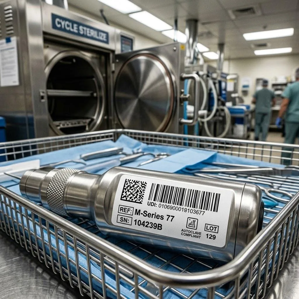 Autoclave Resistant Medical Device Labels With Udi Barcodes On Sterile Hospital Equipment.