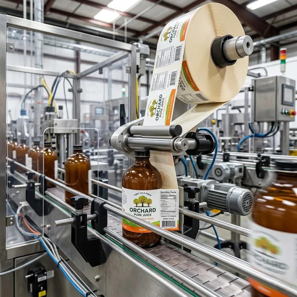 Automated Bottle Labels On High Speed Industrial Bottling Line.