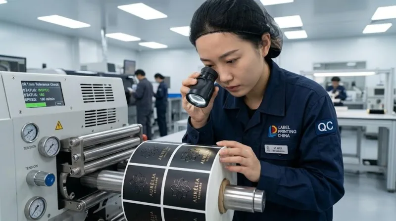 Chinese Quality Control Engineer Using A Magnifying Loupe To Verify Gold Foil Registration On A Roll Of Premium Cosmetic Labels.