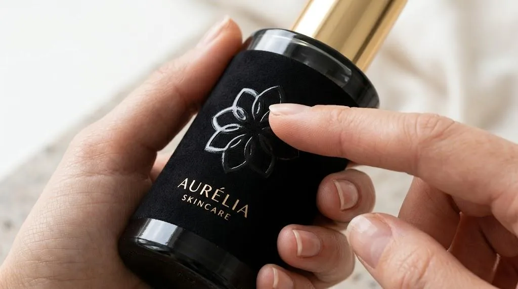 Close Up Of A Consumer's Hand Touching The Raised Spot Uv Texture On A Luxury Cosmetic Bottle Label In A Bright Studio Setting.