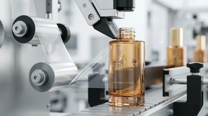 Close Up Of An Automated High Speed Labeling Machine Applying A Transparent Bopp Label To A Glass Cosmetic Bottle.