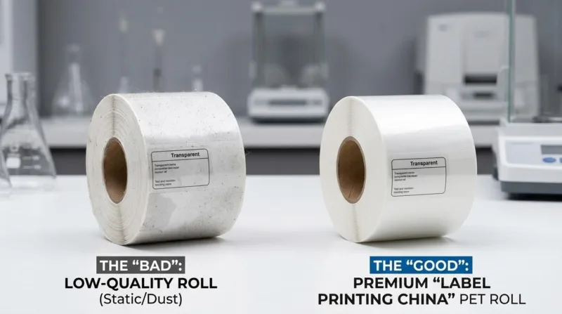 Comparison Between A Low Quality Static Prone Label Roll And A Premium High Density Pet Liner Label Roll.