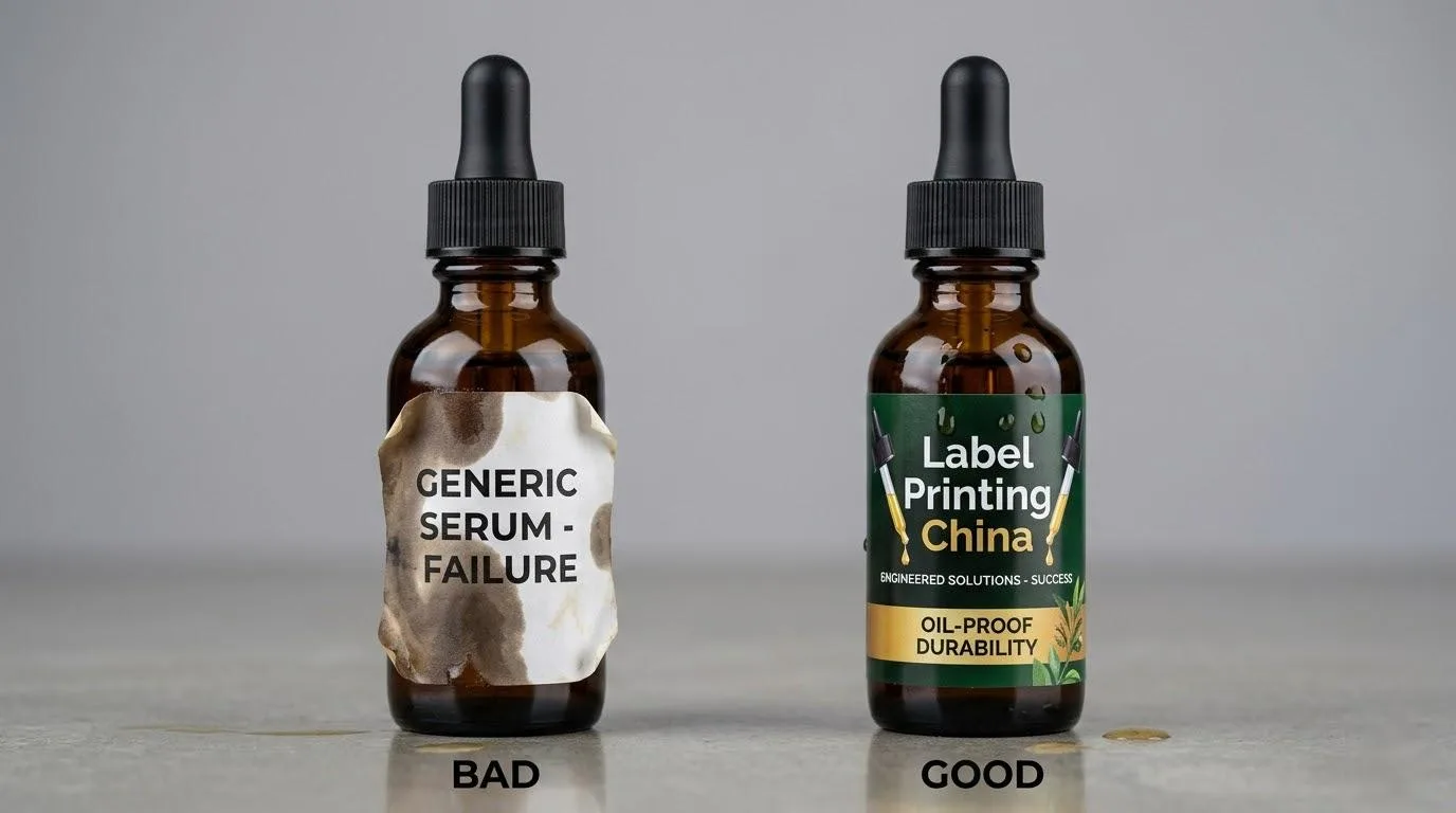 Comparison Of Label Flagging On A Standard Label Versus A Perfectly Adhered Oil Proof Serum Label.