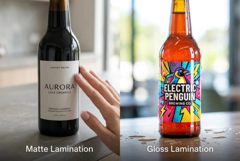 Comparison Of Matte Lamination For Luxury Bottle Labels And Gloss Lamination For Vibrant Product Stickers.