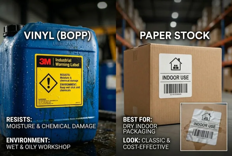 Comparison Of Waterproof Vinyl Bopp Labels For Industrial Use And Paper Stickers For Indoor Packaging.