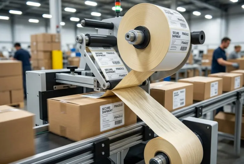 Custom Bulk Roll Stickers For High Speed Machine Application On Shipping Boxes.