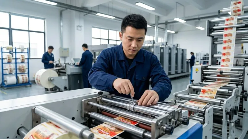Experienced Chinese Technician Adjusting High Speed Automated Labeling Machinery For Sauce Bottle Packaging.