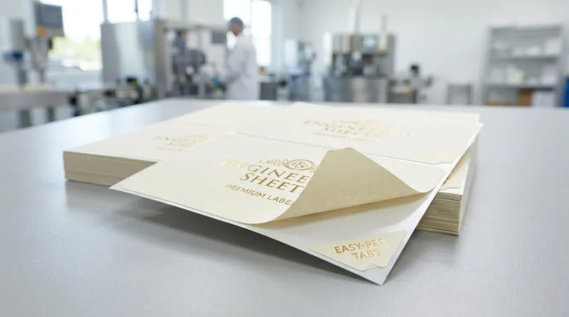 High Quality Engineered Label Sheets Featuring Easy Peel Tabs And Premium Gold Foil Finishes For Boutique Product Packaging.