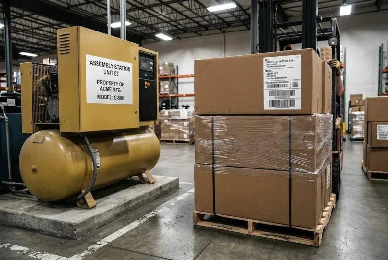 Industrial Heavy Machinery Labels And Polyester Shipping Stickers On Factory Equipment And Warehouse Boxes.