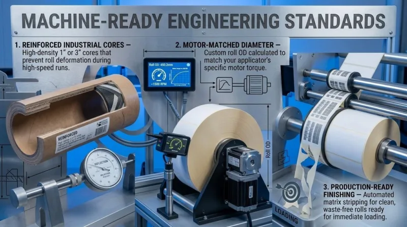 Machine Ready Industrial Label Rolls With Reinforced Cores And Motor Matched Diameters.