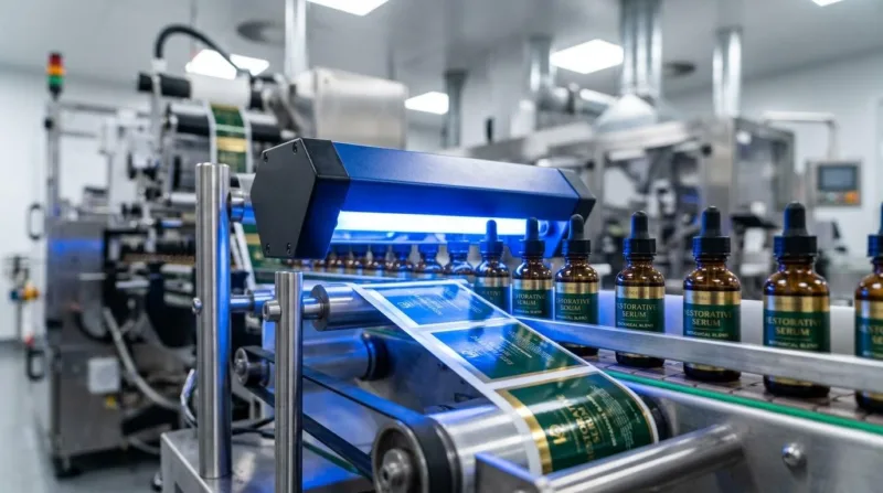 Macro Shot Of Uv Curing Process On A High Speed Press For Chemical Resistant Serum Labels.