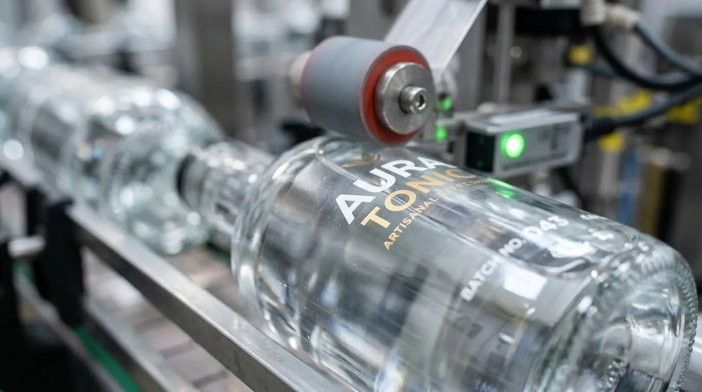Macro Shot Of A Perfectly Applied Clear On Clear Label On A Premium Glass Bottle Showing No Defects.