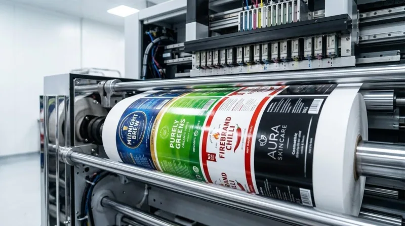 Macro Shot Of An Industrial Printing Press Executing A Combo Run With Multiple Label Designs On One Master Roll.