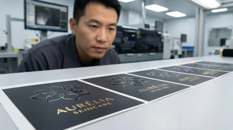 Macro Shot Of High Build 3d Spot Uv Varnish On Cosmetic Labels With A Chinese Printing Technician In A Professional Factory Environment.