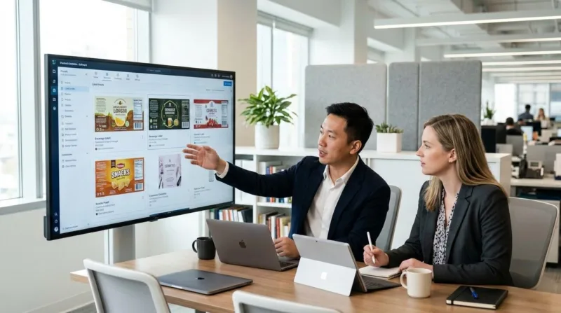 Professional Project Manager Reviewing Digital Label Proofs With A Client For Sku Consolidation And Design Audit.