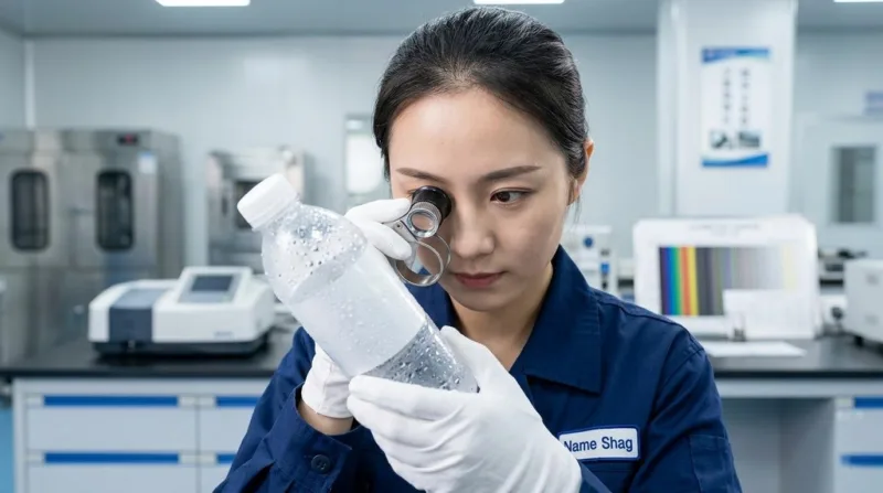 Professional Technician Inspecting Label Adhesion And Initial Tack On A Cold Juice Bottle With A Magnifying Loupe.