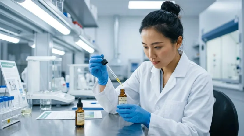Professional Technician Performing Oil Resistance Stress Test On A Custom Serum Label In A Laboratory Setting.