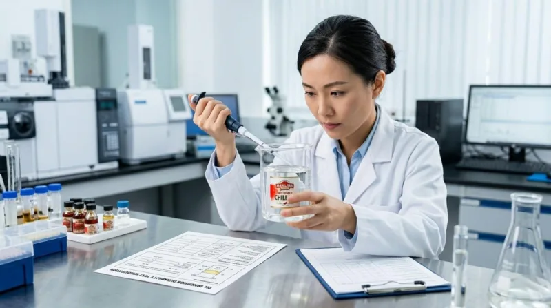 Quality Control Specialist Performing An Oil Immersion Durability Test On Custom Condiment Labels In A Lab.