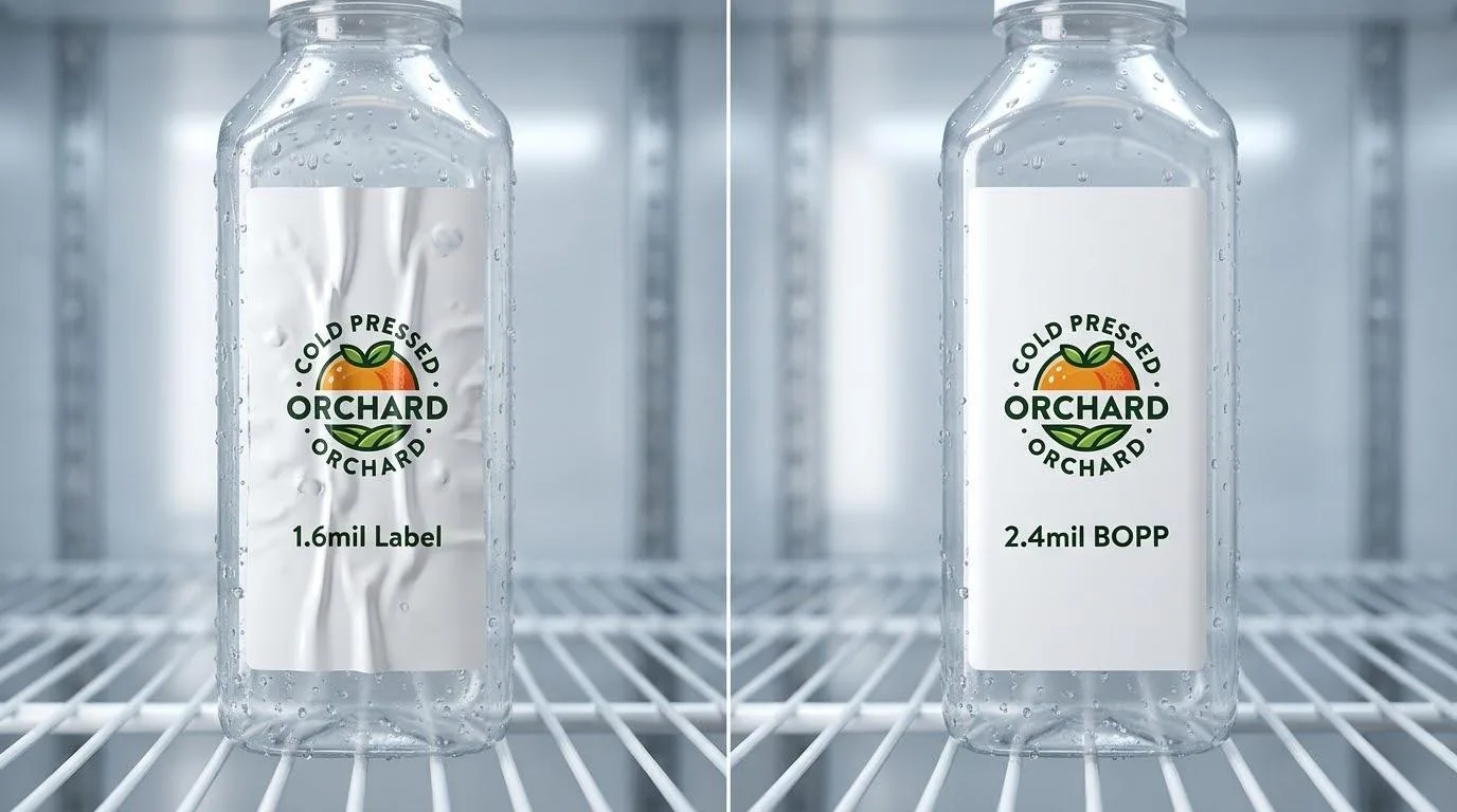 Side By Side Comparison Of A Failed Juice Label With Tunneling Ridges And A Smooth 2.4mil Bopp Label On Cold Bottles.