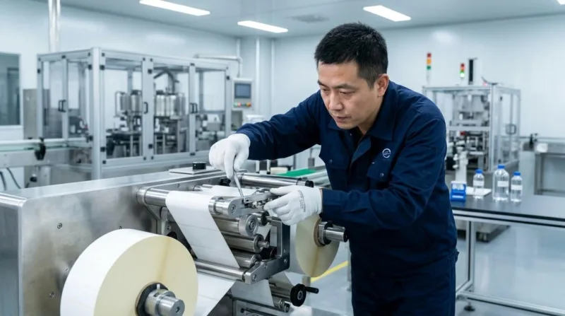 Skilled Engineer Adjusting Parameters On A Professional Automated Labeling Machine In A Clean Factory.