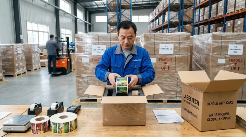 Skilled Technician Carefully Packing Finished Label Rolls For Secure International Shipping.