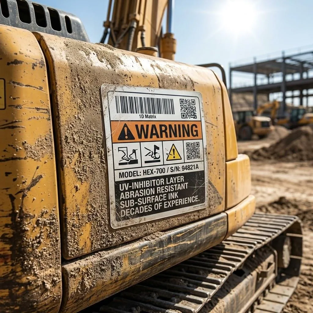 Uv Resistant Heavy Machinery Decals And Industrial Safety Stickers On A Construction Excavator.