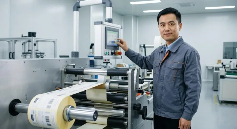 A Chinese Engineer Calibrating A High Speed Automated Labeling Machine For Machine Ready Roll Labels In A Clean Production Facility.