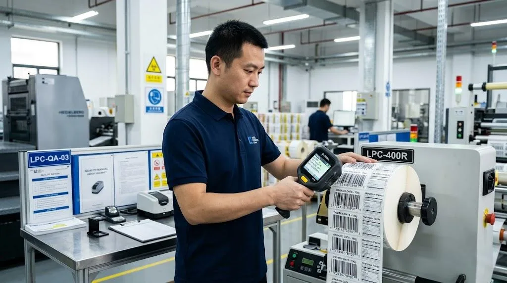 A Chinese Technician Using A Handheld Barcode Verifier To Perform A Quality Check On Printed Retail Labels In A Professional Manufacturing Facility.