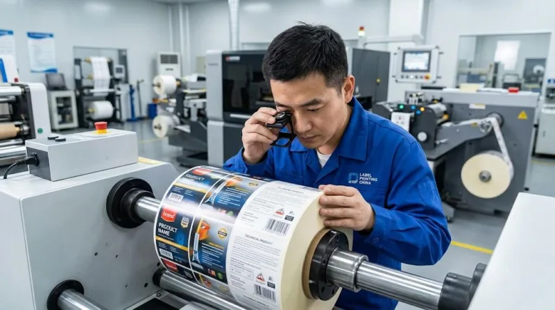 A Focused Chinese Technician Using A Magnifying Loupe To Inspect The Surface Quality Of A Printed Label Roll In A Professional Manufacturing Facility.
