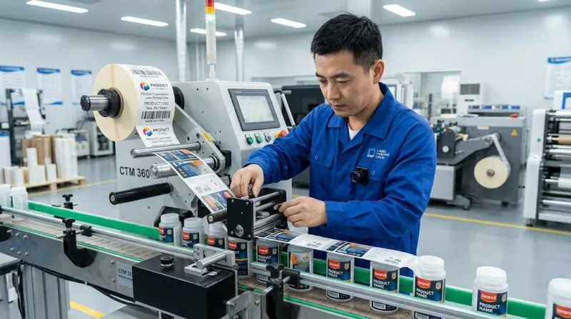 A Professional Chinese Engineer Adjusting A High Speed Label Applicator To Ensure Precision Placement On Containers In A Clean Factory.