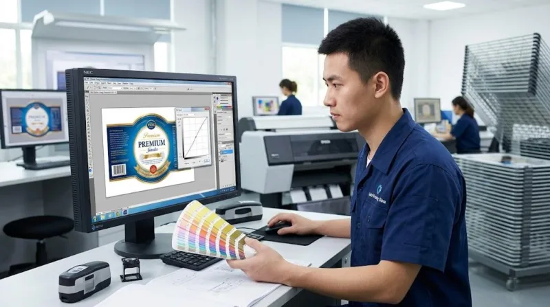 A Professional Chinese Prepress Technician Comparing A Digital Label Proof On A Monitor With A Physical Color Swatch In A Clean Office Setting.