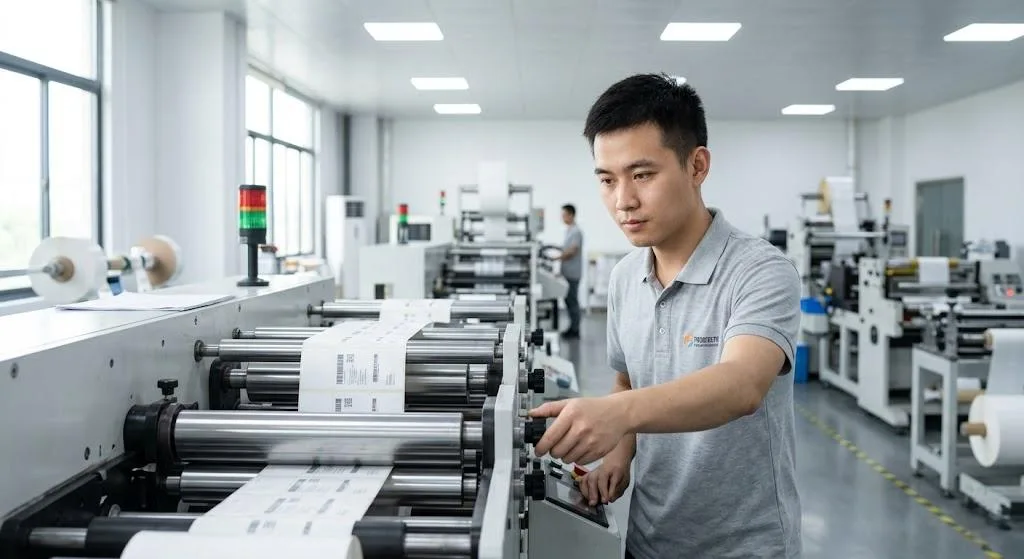 A Professional Chinese Technician Monitoring A High Precision Rotary Die Cutting Machine In A Clean Label Factory.