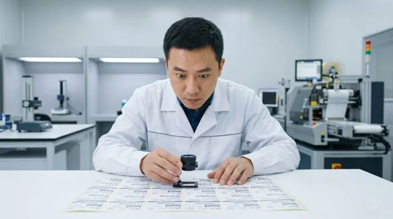 A Professional Technician Using A Digital Loupe To Inspect Fine Text And Hairlines On A High Precision Industrial Label.