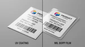 A Side By Side Macro Comparison Of A Uv Varnish Label Finish And A Thick Structural Film Lamination On A Neutral Background.