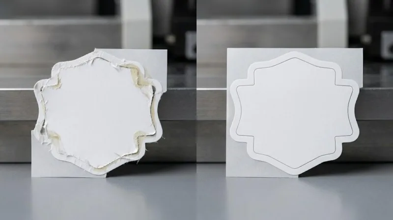 A Side By Side Macro Comparison Of A Torn Label Edge With Adhesive Bleeding Versus A Perfectly Die Cut Label Edge.