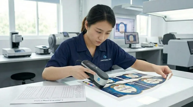 A Skilled Chinese Qc Inspector Using A Magnifying Loupe To Check Label Print Quality And Recording Data In A Professional Laboratory.