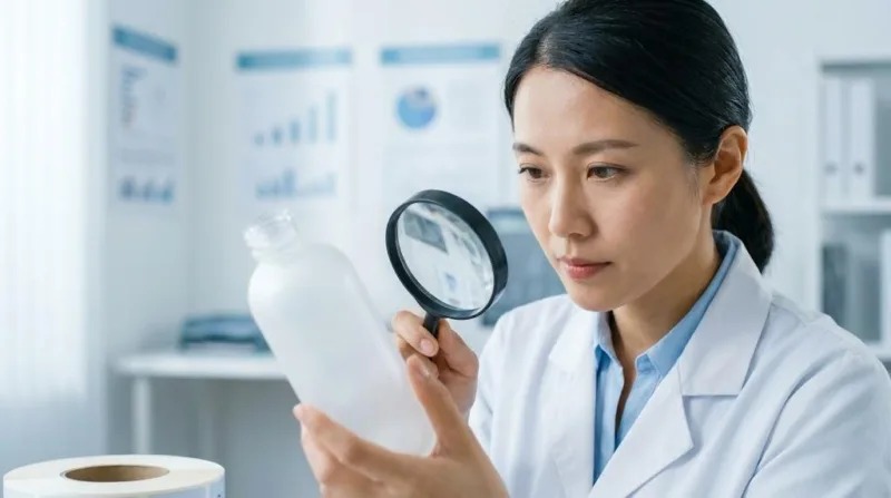 A Technician Inspecting A Custom Label On A Frosted Plastic Bottle Using A Magnifying Glass To Check For Adhesive Edge Lift In A Clean Factory.