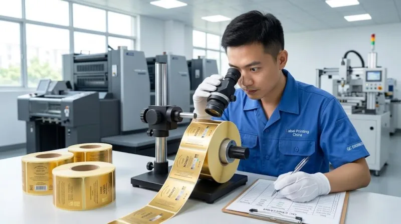 Chinese Qc Engineer Inspecting Color Accuracy And Printing Quality Of Machine Ready Roll Labels.