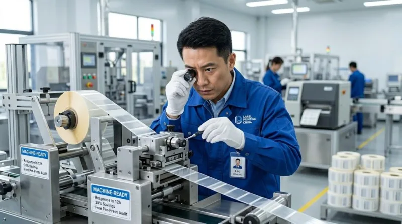 Chinese Technician Adjusting A High Speed Labeling Machine On An Automated Production Line.