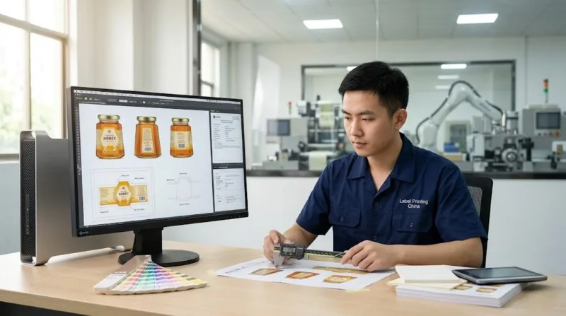 Chinese Technician Auditing Technical Label Design And Die Cut Margins For Automated Packaging Synchronization.