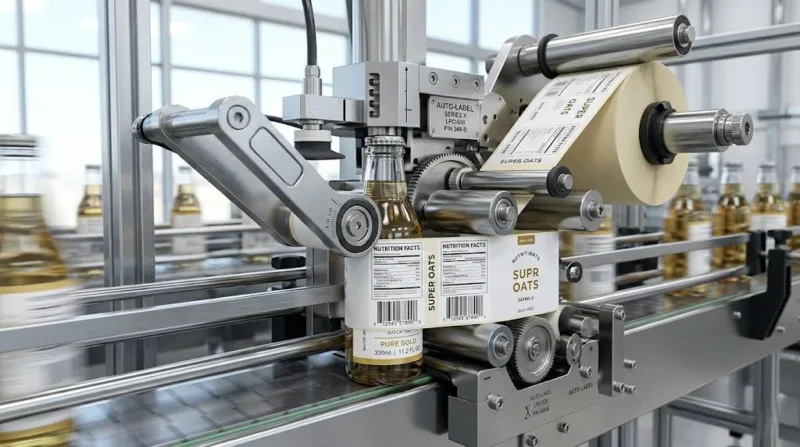 Close Up Of An Automated High Speed Label Applicator Machine Applying Precision Cut Nutrition Labels On A Retail Production Line.