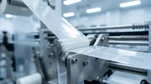 Close Up Of High Tensile Pet Liner With Labels Peeling Off During High Speed Production Process.