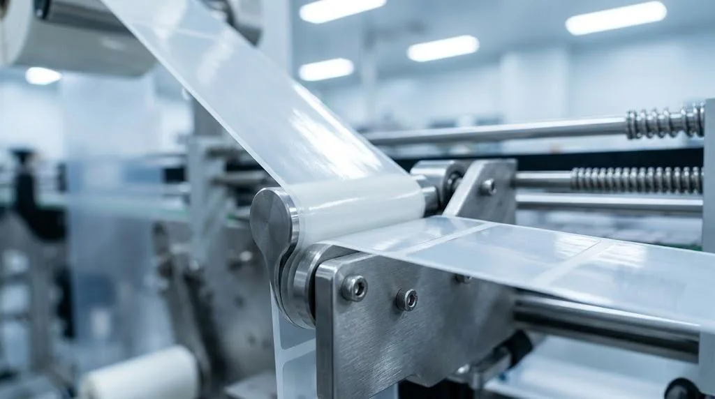 Close Up Of High Tensile Pet Liner With Labels Peeling Off During High Speed Production Process.