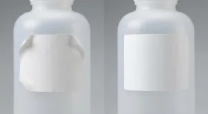 Comparison Shot Showing A Peeling Label Versus A Perfectly Adhered Label On A Frosted Polypropylene Container To Demonstrate The 10 Dyne Rule.