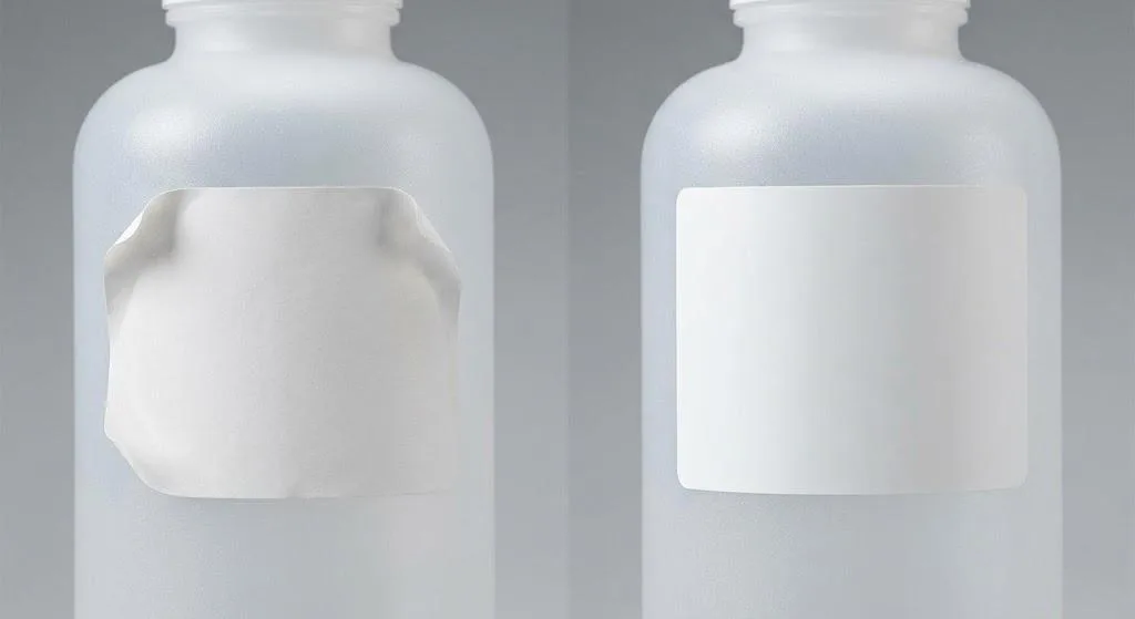 Comparison Shot Showing A Peeling Label Versus A Perfectly Adhered Label On A Frosted Polypropylene Container To Demonstrate The 10 Dyne Rule.