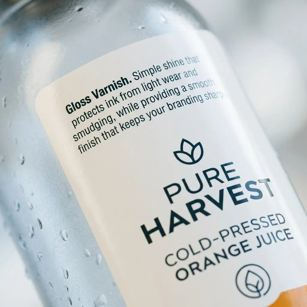 Custom Bottle Label With Gloss Varnish Finish Showing Smooth Sheen And Sharp Branding.